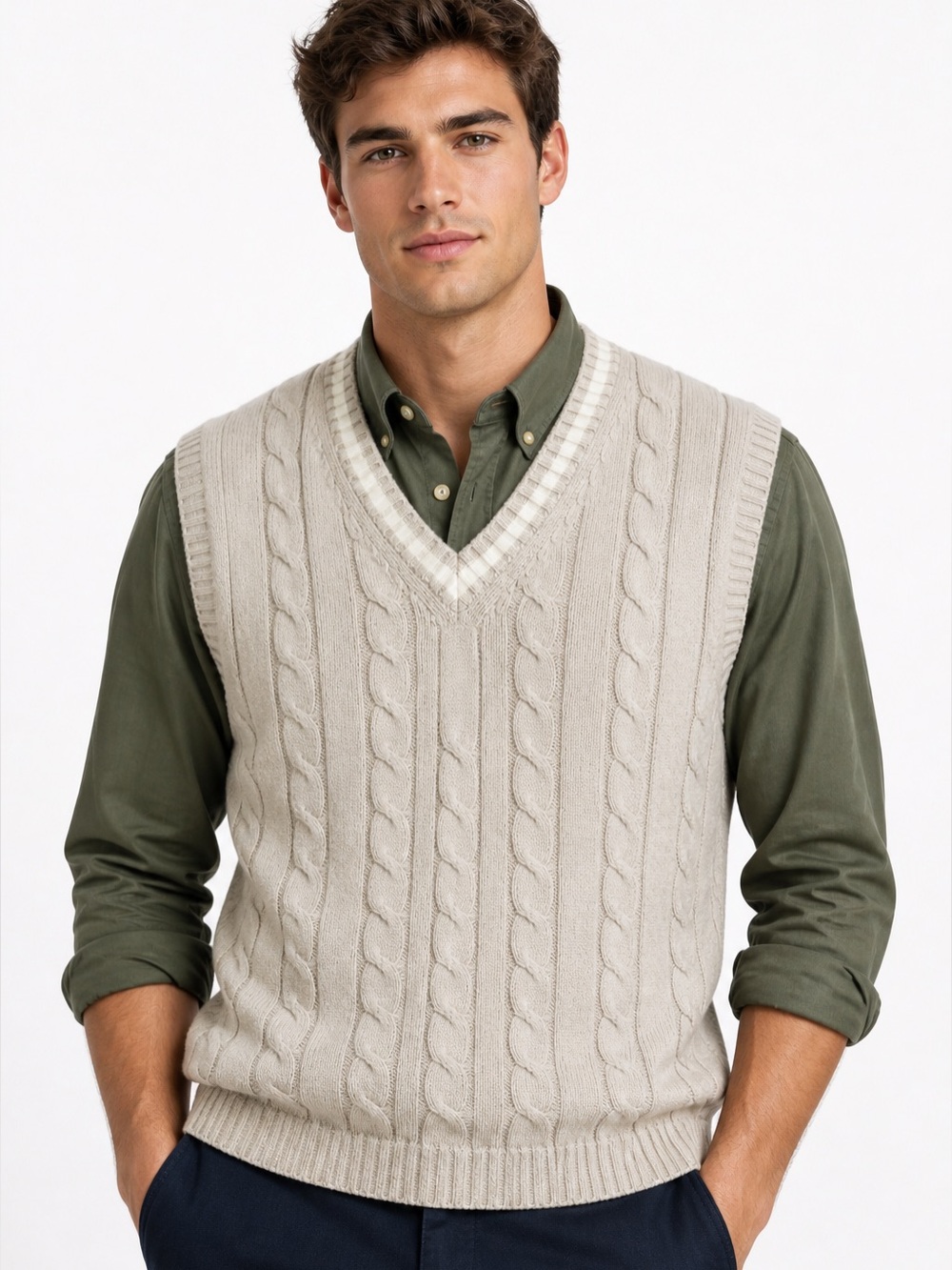 Vintage Men's Beige Cable Knit Sweater Vest